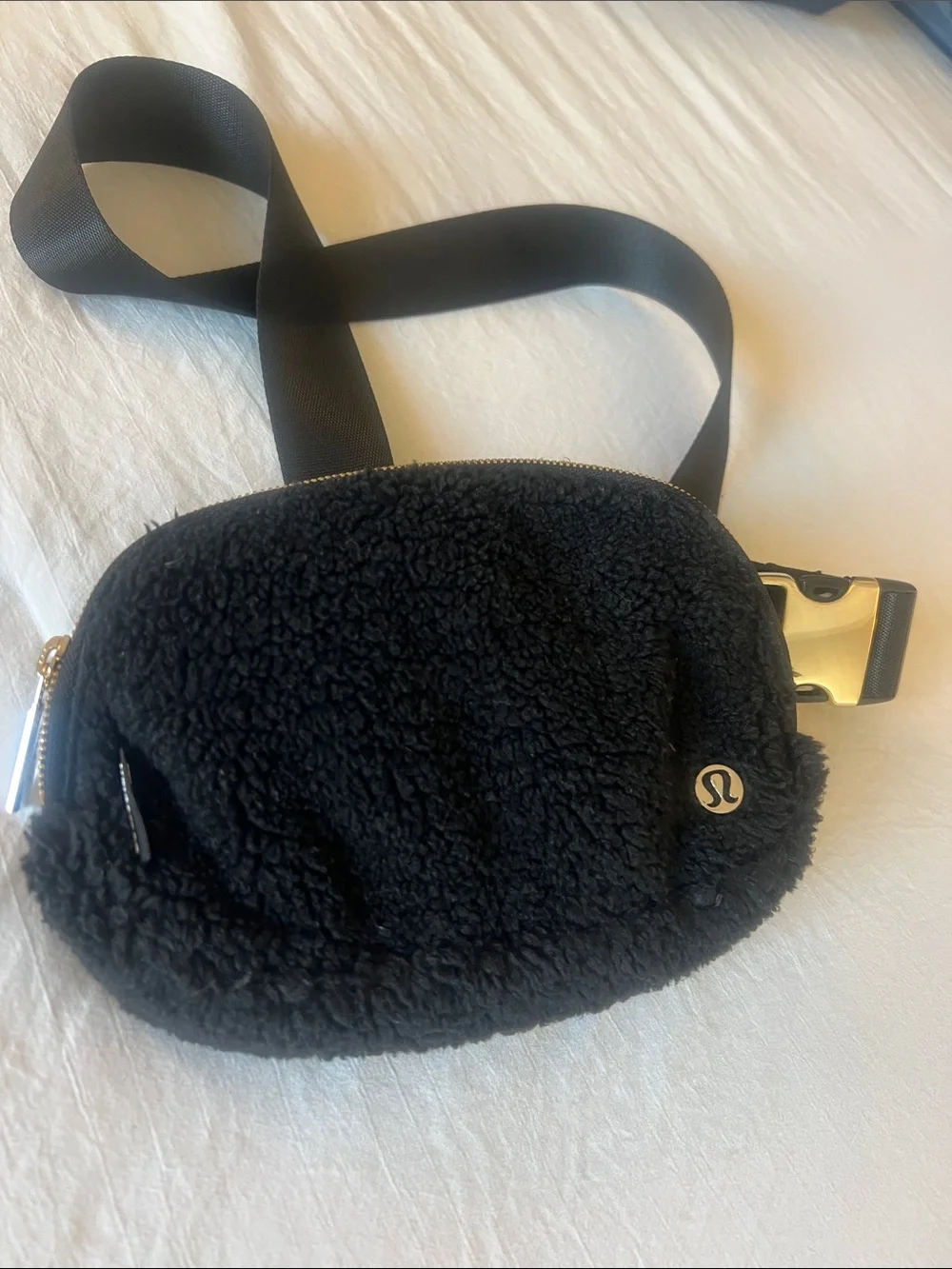 lululemon athletica Black fuzzy Crossbody Belt Bag with gold Hardware
